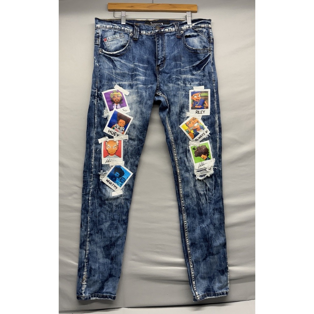 The Boondocks Hip Hop Anime  Polaroid Graphic Blue Denim Jeans Sz 36 x 33 *READ